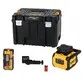 Pildil on näha DeWalt pöördlaser DCLE05211R koos tarvikute ja hoiukohvriga.