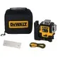 Pildil on näha DeWalt ristlaser DCLE14361GB, selle hoiukott, sihtmärk ja laadimiskaabel.