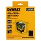 Pildil on näha DeWalt ristlaseri DCLE14361GB pakend, mis on kollane ning sisaldab toote peamisi omadusi nagu tööraadius...