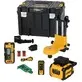 Pildil on näha DeWalt pöördlaser DCLE15221G koos selle tarvikute ja hoiukohvriga.