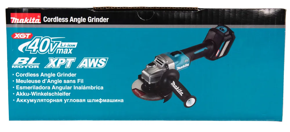 Pildil on näha Makita akutööriista karp, millel on esiplaanil detailne pilt akunurklihvija GA023GZ-st, ilma aku ja...