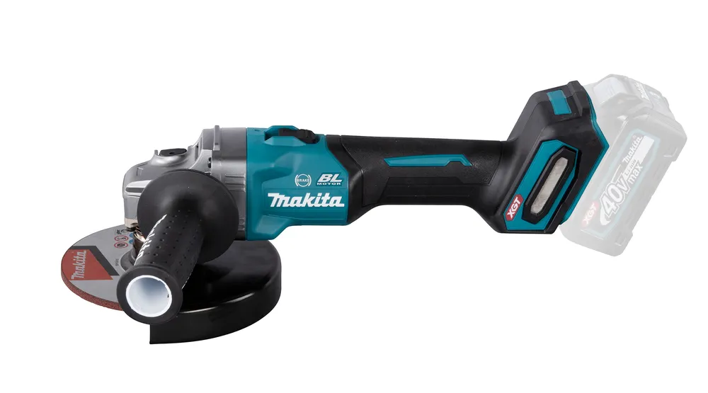 Pildil on näha Makita akunurklihvija GA035GZ, millel on eraldiseisev must ja türkiissinine käepide ning terasest...