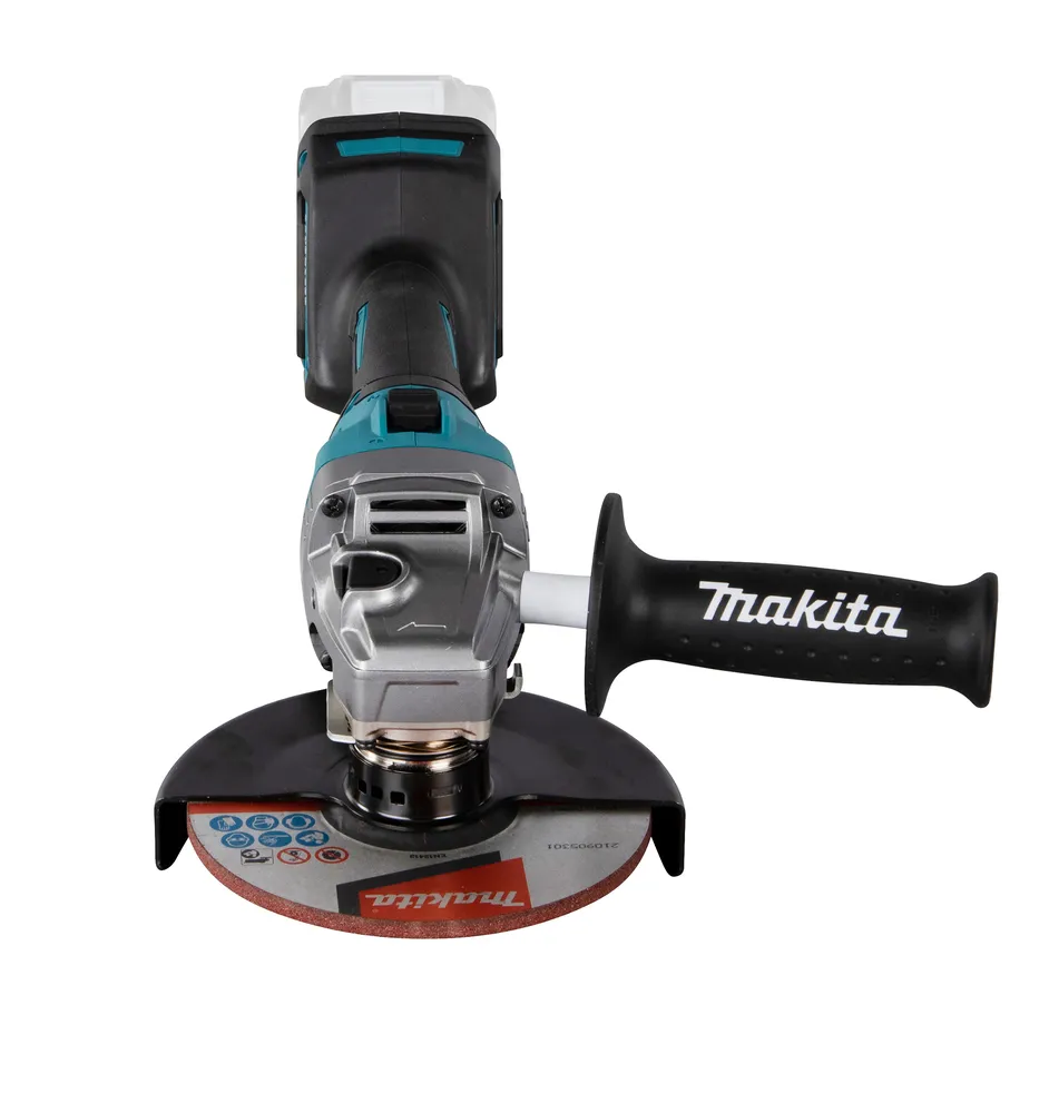 Pildil on Makita GA035GZ akunurklihvija, millel on must käepide Makita logoga ja tolmukaitsega lihvimisketas.