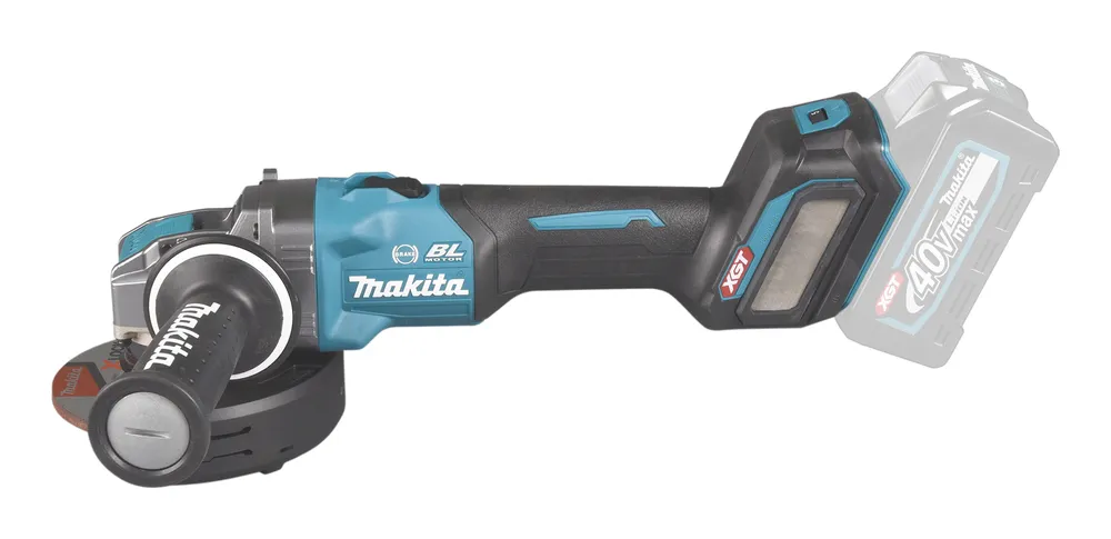 Pildil on näha Makita aku-nurklihvija GA041GZ, millel on sinine ja must korpus, XGT aku ja lihvimisketas.