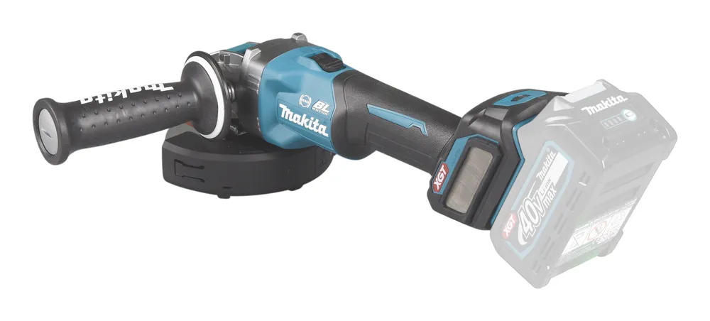 Pildil on Makita akunurklihvija GA041GZ, millel on pikk käepide ja must kate ümber lihvimisketta.