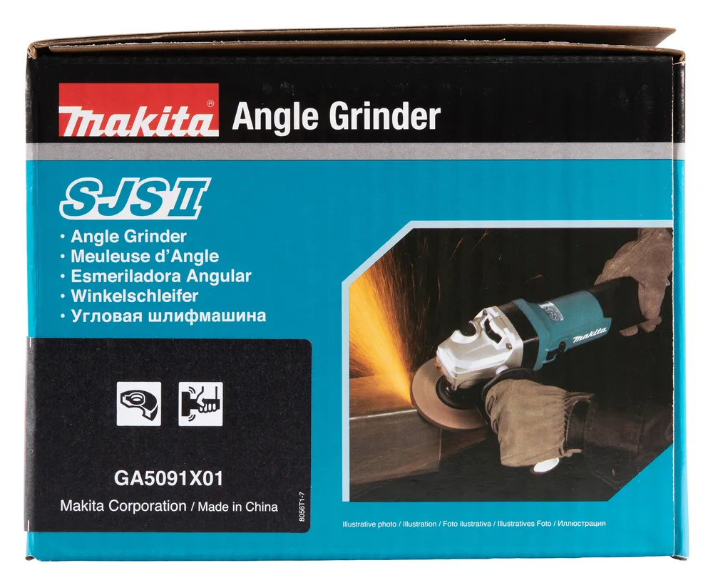 Pildil on Makita nurklihvija GA5091X01 pakend, millel on erinevates keeltes kirjutatud toote nimi ja pilt nurklihvijast...