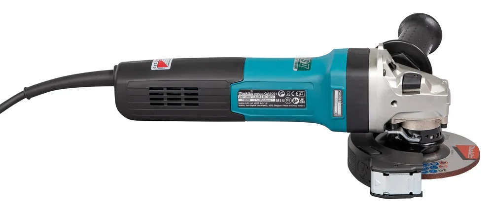 Pildil on Makita nurklihvija GA5091X01, millel on must ja türkiissinine korpus, toitejuhe ning lihvketas.