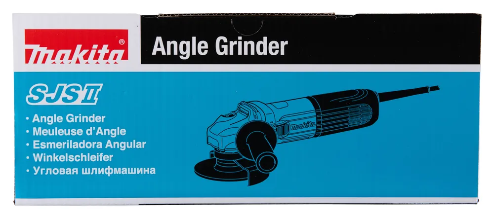 Pildil on Makita nurklihvija GA6040CF01 karp, millel on joonis toote tüübist ja nimetused mitmes keeles.