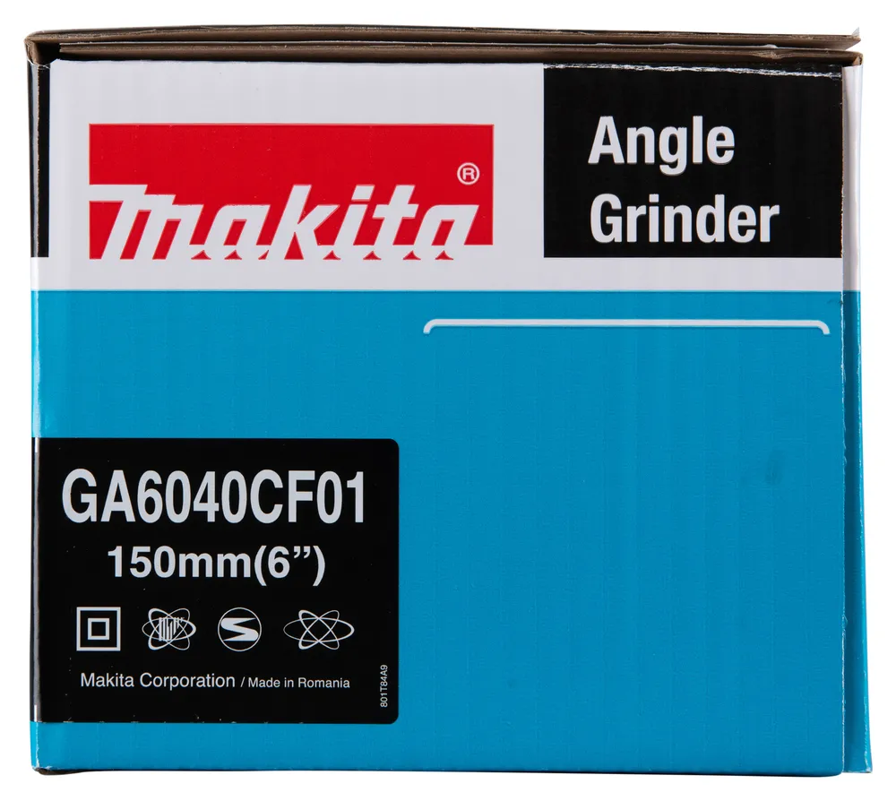 Pildil on Makita nurklihvija GA6040CF01 karp, millel on logo, toote nimi ja mõõtmed ning sõna "Angle Grinder".