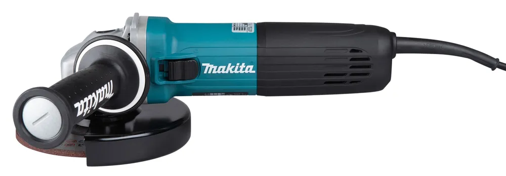 Pildil on Makita nurklihvija GA6040CF01, mida näidatakse küljelt, koos külje käepidemega ja kaitsekattega ketta kohal.