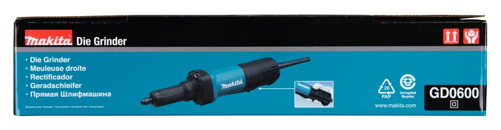 Pildil on sinisel taustal musta ja türkiissinise värviga Makita otslihvija GD0600 pakend, millel on nähtavad toote nimi...