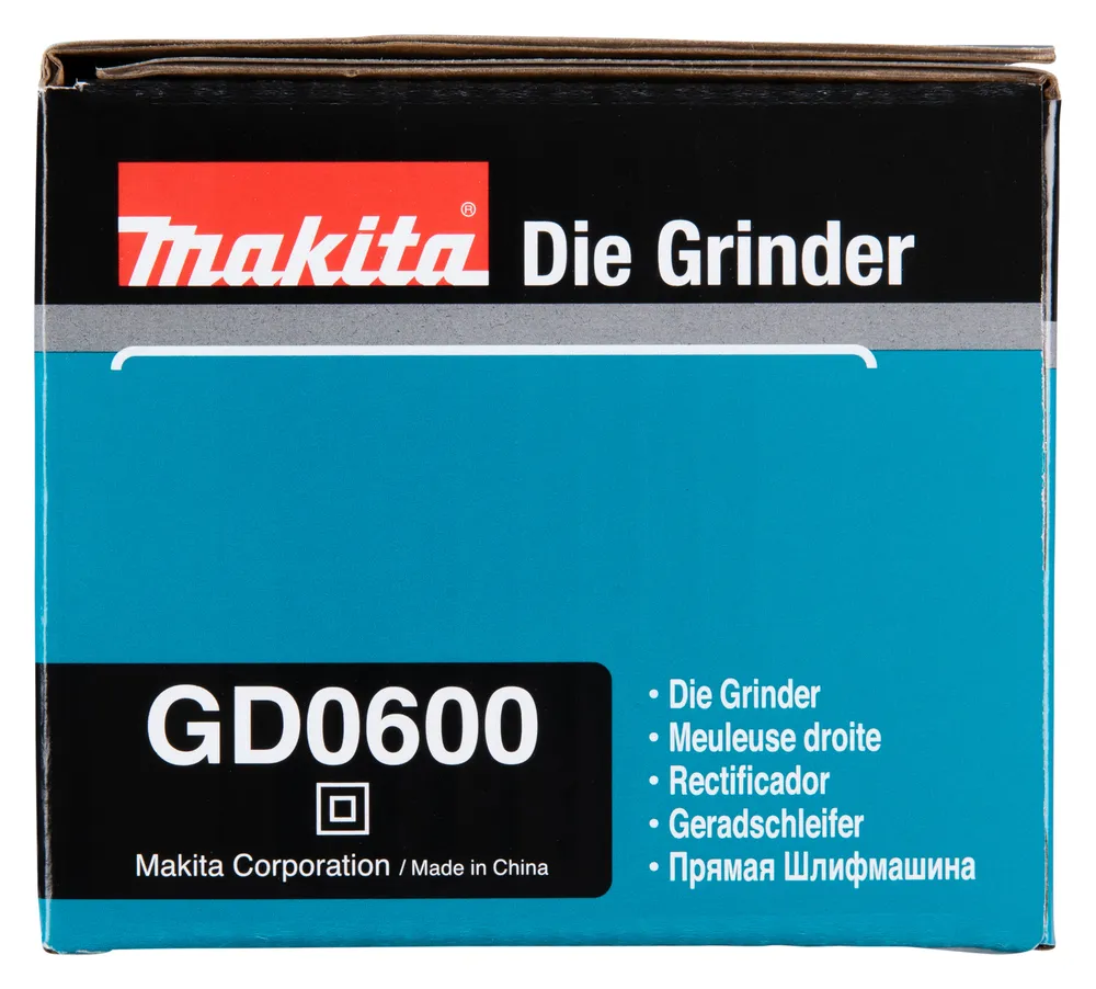 Pildil on Makita otslihvija GD0600 pakend, millel on kirjas toote nimi ja erinevates keeltes tõlked.