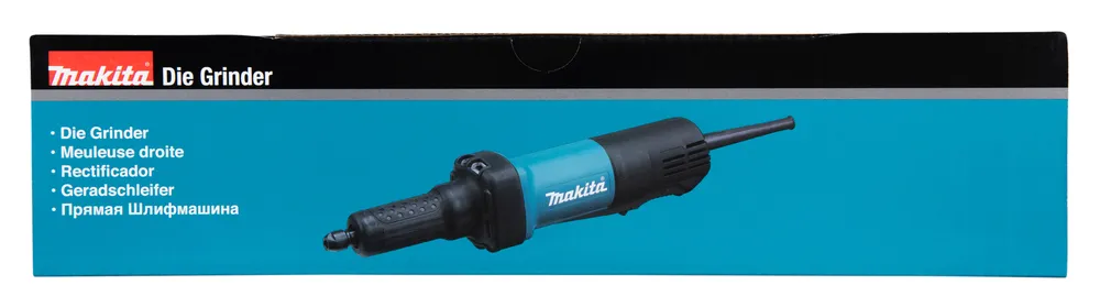 Pildil on Makita otslihvija GD0600 pakend, millel on näha tööriista pilt ja erinevates keeltes toote nimi.