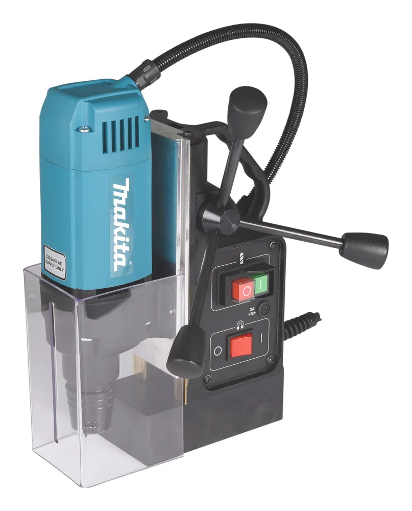 Pildil on Makita magnetpuurpink HB350, mis koosneb sinisest mootorist, juhtimissüsteemist, käepidemetest ja läbipaistvast...