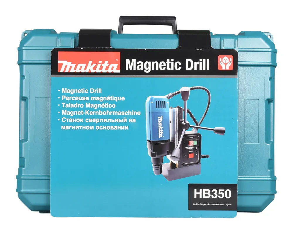 Pildil on Makita magnetpuurpink HB350, mis on pakitud kohvrisse, ja näha on ka selle mudeli nimi ja tootja logo.