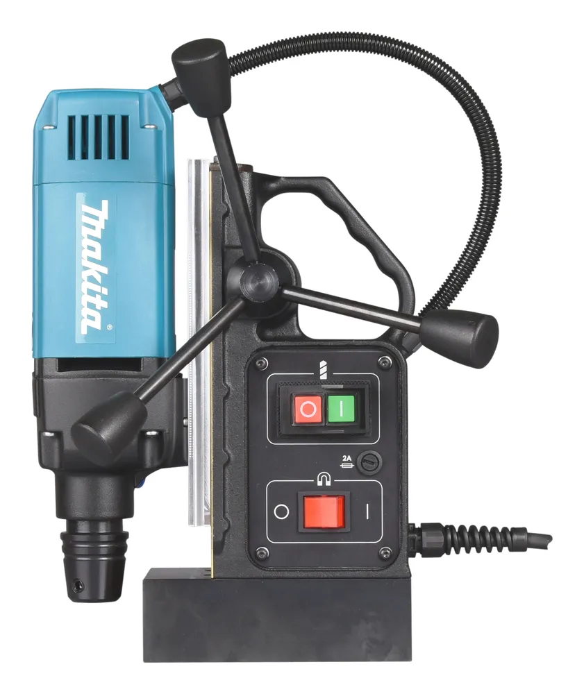 Pildil on Makita magnetpuurpink HB350, mis koosneb sinisest mootorist, mustast alusest juhtnuppude ja käepidemetega ning...