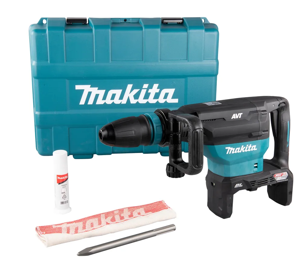 Pildil on Makita akupiikvasar HM002GZ03 koos tööriistakohvri, rasvatüüb ja teraga.