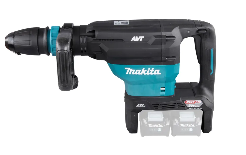 Pildil on Makita akupiikvasar HM002GZ03, millel on ergonoomiline disain ja sinised detailid, ning mille all on näha kaks...