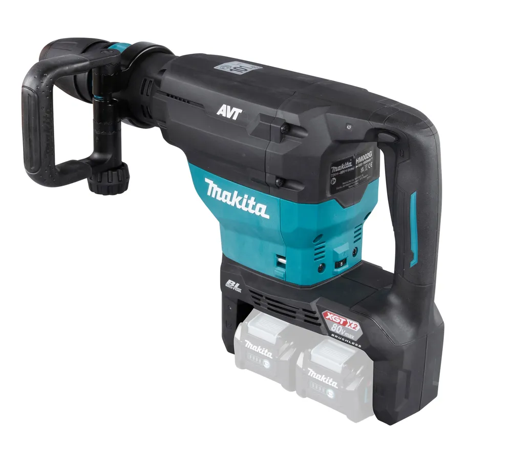 Pildil on Makita akupiikvasar HM002GZ03, millel on kaks paigaldatud akut, küljele paigutatud abikäepide ja must/sinine...