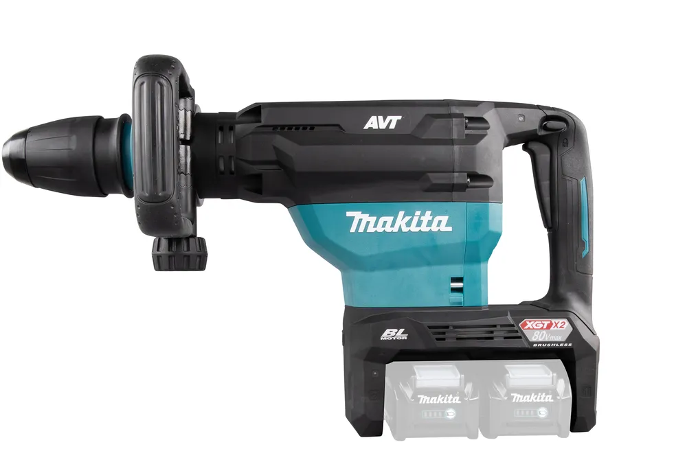 Pildil on Makita akupiikvasar HM002GZ03, millel on must ja türkiissinine korpus ning kaks tühja aku kohta.