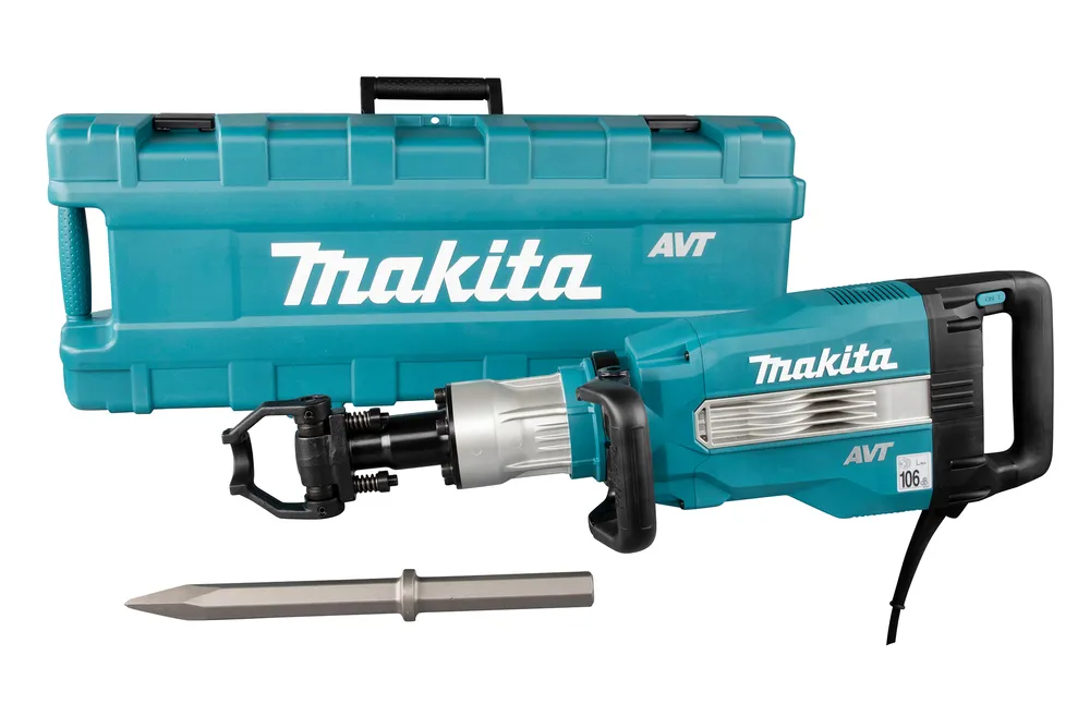 Pildil on Makita piikvasar HM1512 koos sinise tööriistakohvri ja piigiga.