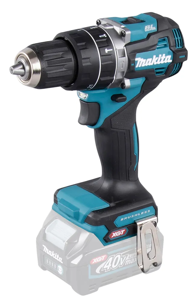Pildil on Makita akulööktrell HP002GZ koos XGT aku kinnituse ja riputusklambriga, mis on ilma aku ja laadijata.