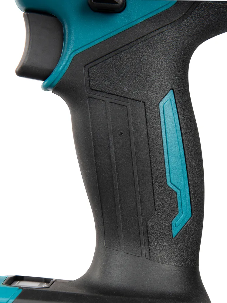 Pildil on Makita akulööktrell HP003GZ käepide, kus on näha musta kummist katet ja türkiisivärvi detaile.