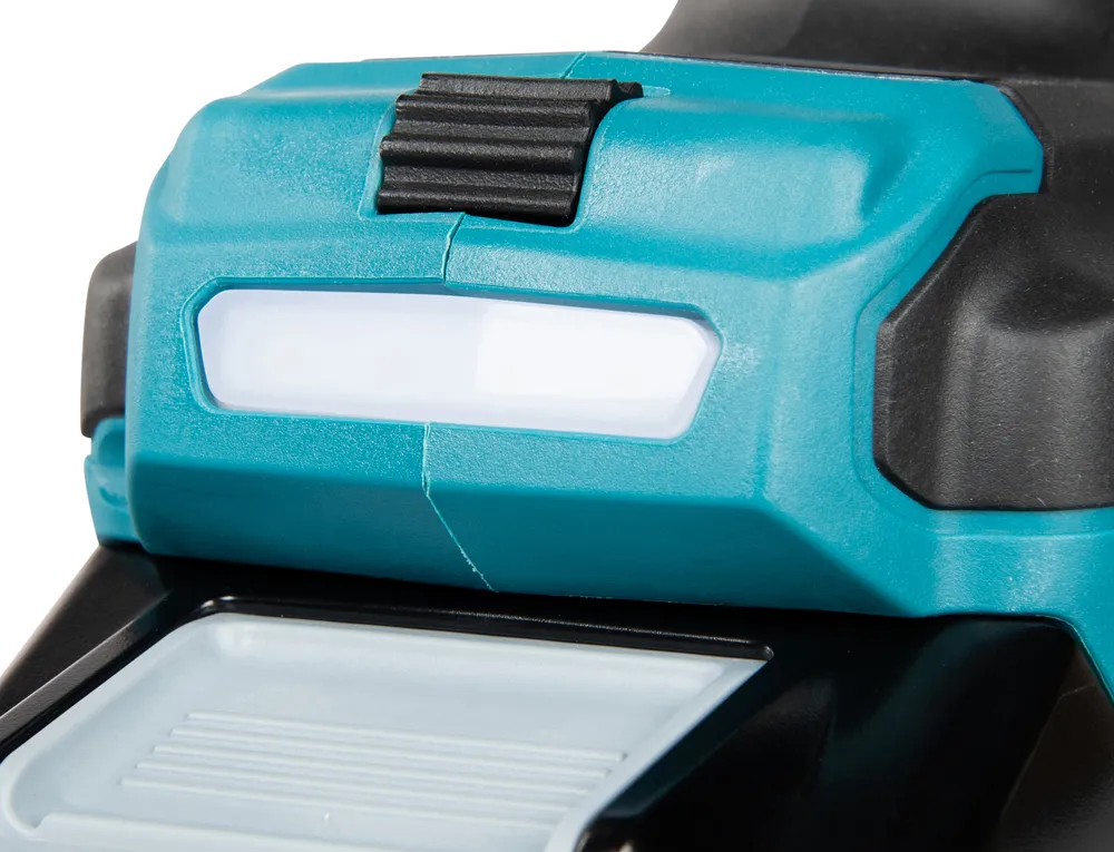 Pildil on detailne vaade Makita akulööktrelli HP003GZ, XGT, ilma aku ja laadijata esiosast, kus on näha sinine korpus...