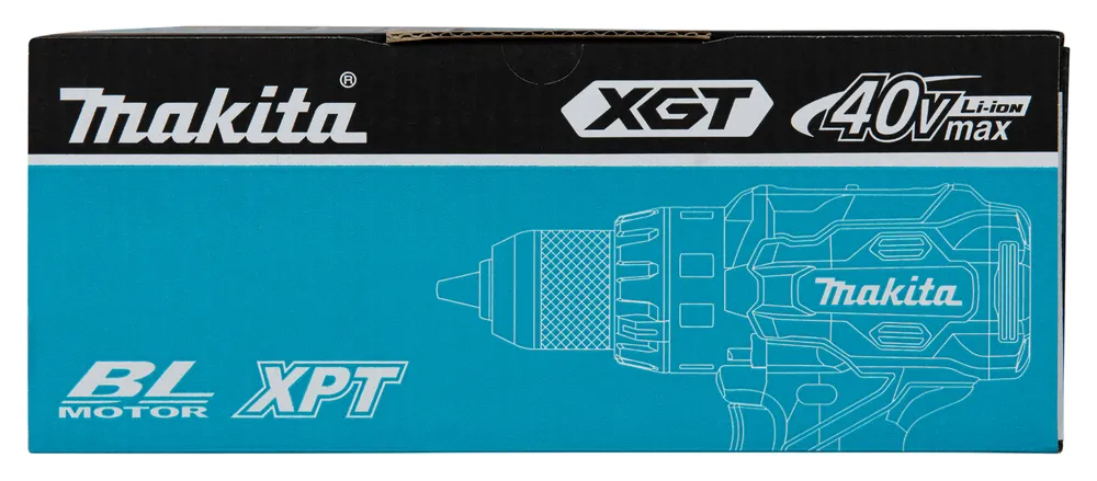 Pildil on Makita akulööktrelli HP003GZ, XGT, karp, millel on kujutatud toote skeem ning märge 40V Li-Ion max.