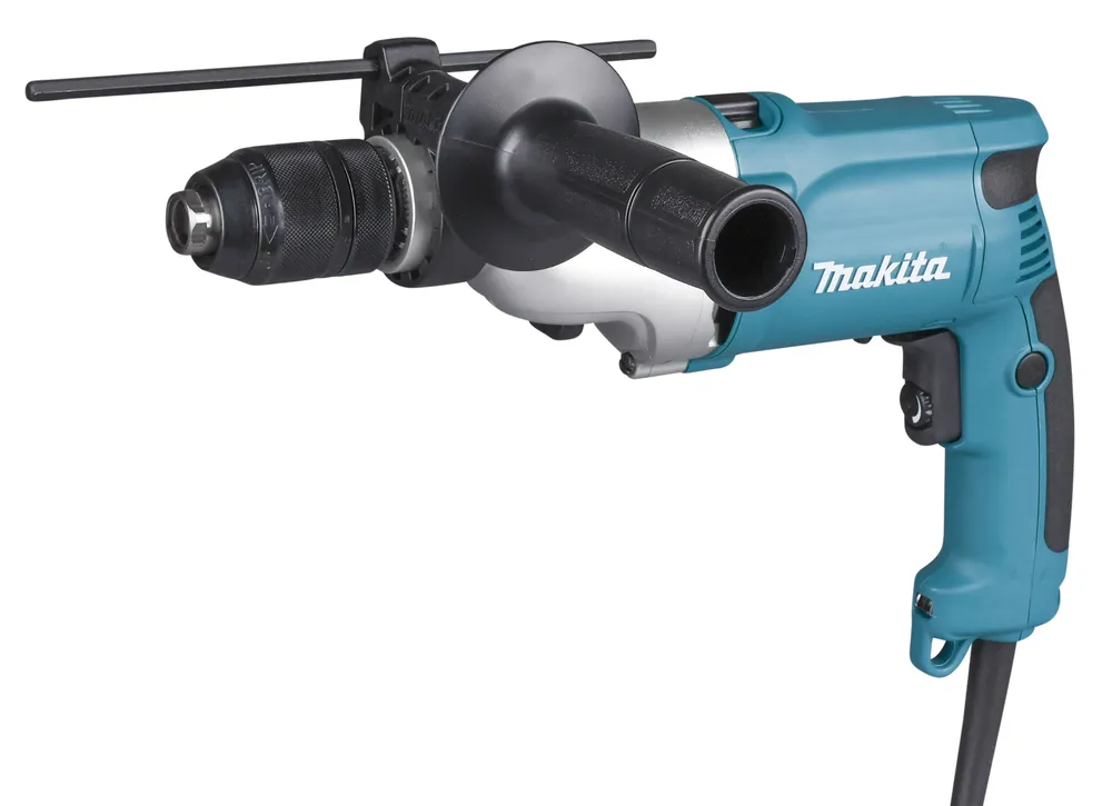 Pildil on näha Makita lööktrell HP2051FJ, millel on iseloomulik sinine ja hall värvus, lisakäepide ja juhtme.