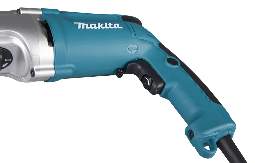 Pildil on näha Makita lööktrelli HP2051FJ detail, kus on esile toodud brändi logo, sinine korpus ja must päästik.