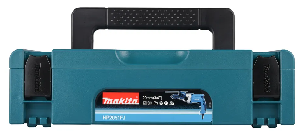 Pildil on näha Makita lööktrelli HP2051FJ hoiukohver, millel on must käepide ja sinine turvaklambreid.
