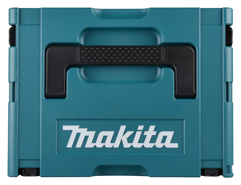 Pildil on Makita lööktrelli HP2051FJ hoiukarp, mis on valmistatud türkiissinisest plastikust ja millel on must käepide.