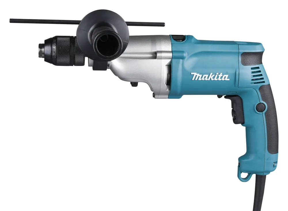 Pildil on Makita lööktrell HP2051FJ, millel on sinine korpus, metallist käepide ja must puur.