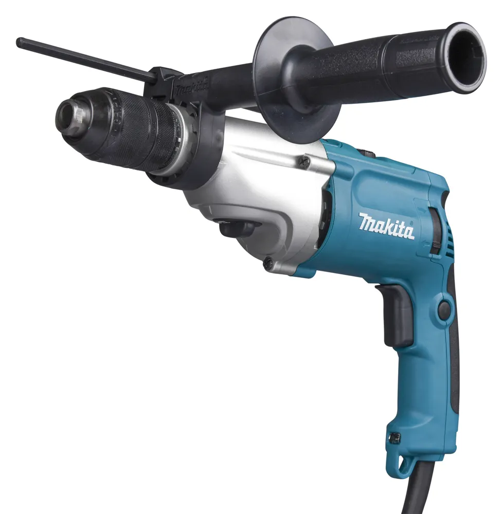 Pildil on Makita lööktrell HP2071FJ, millel on sinine ja hõbedane korpus ning must lisakäepide.
