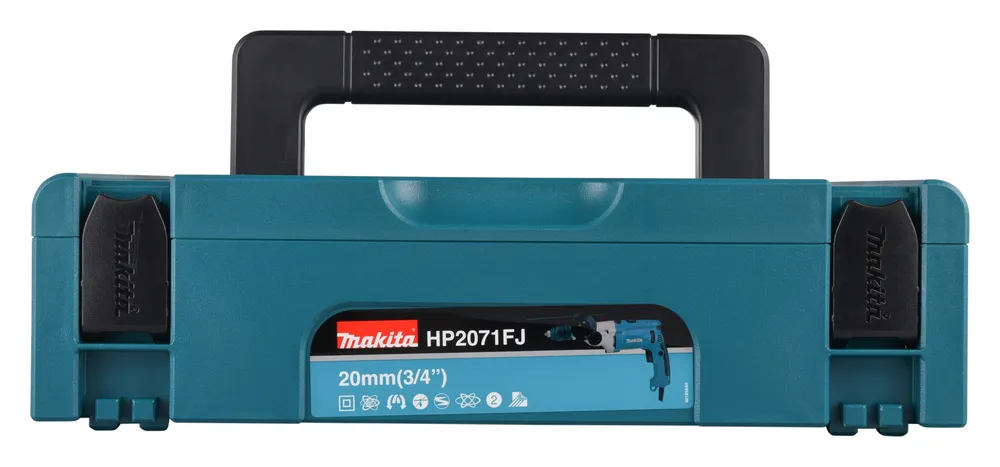 Pildil on Makita lööktrell HP2071FJ sinises kohvris.