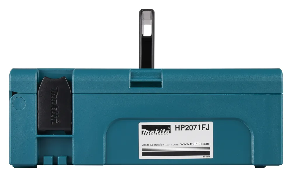 Pildil on Makita lööktrell HP2071FJ koos selle sinise hoiukarbi ja käepidemega.