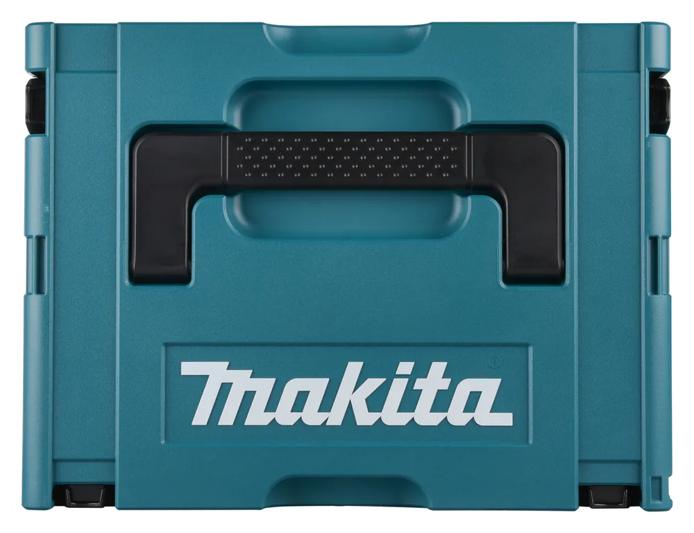 Pildil on näha Makita lööktrelli HP2071FJ sinine hoiukarp, millel on must käepide ja valge logo.