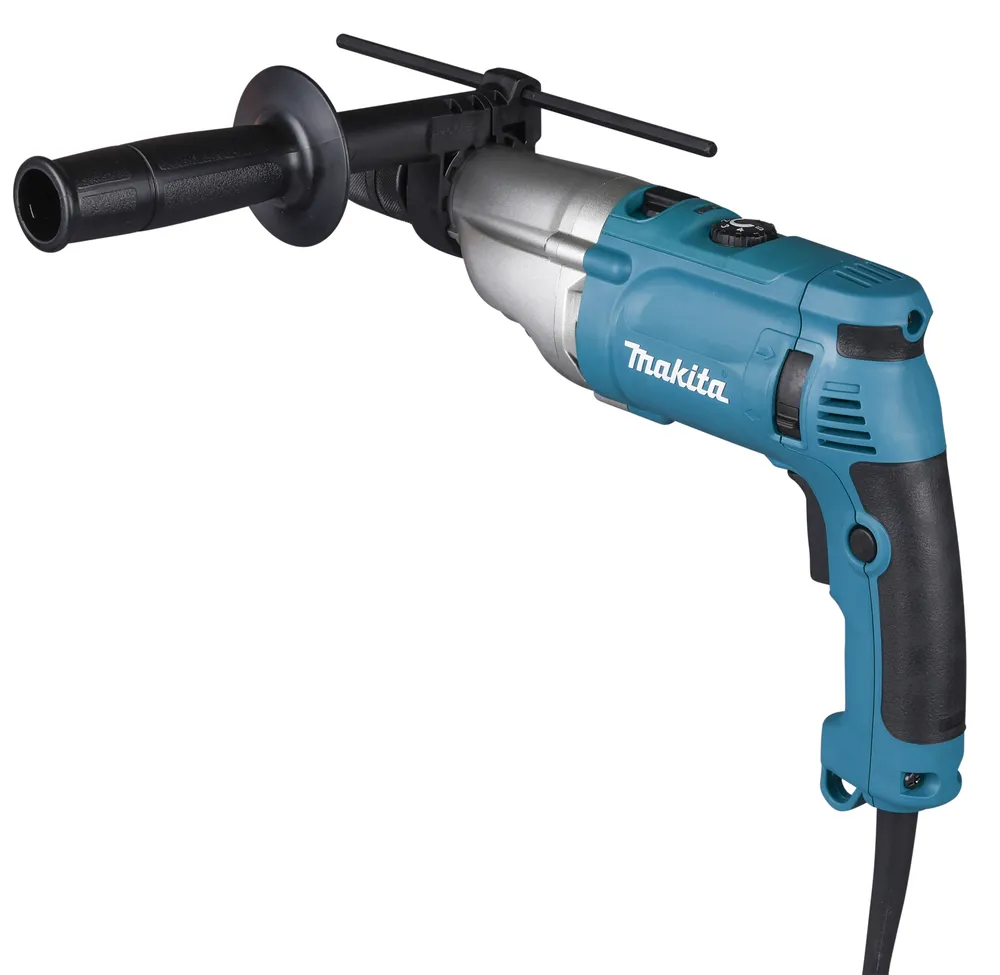Pildil on Makita lööktrell HP2071FJ, millel on sinine ja hõbedane korpus, must käepide ja abikäepide.