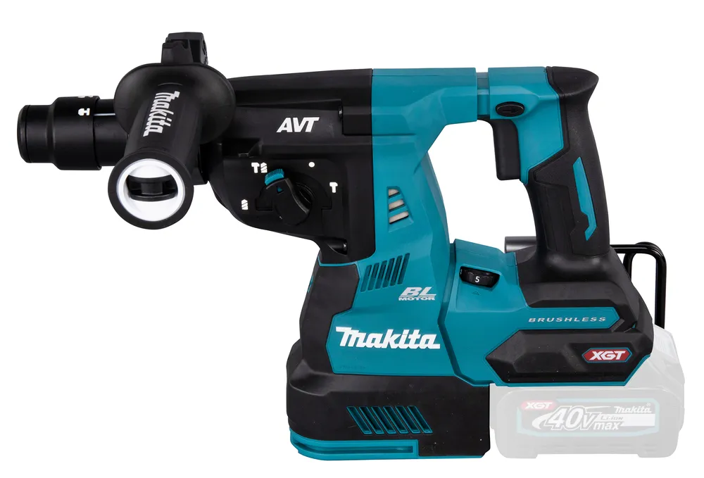Pildil on näha sinine ja must Makita akupuurvasar HR004GZ01 koos XGT 40V max akuga.