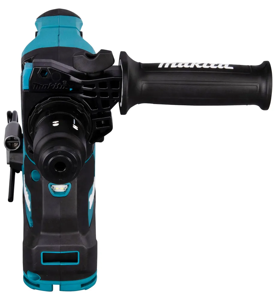 Pildil on näha Makita akupuurvasara HR004GZ01 osa, millel on must lisakäepide valge Makita logoga ja sinine...