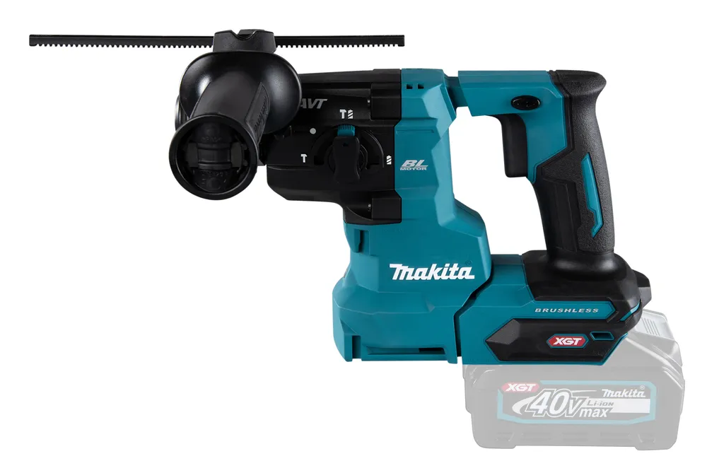 Pildil on Makita akupuurvasar HR010GZ, millel on iseloomulik sinine ja must disain, samuti must esikäepide ja detailid.