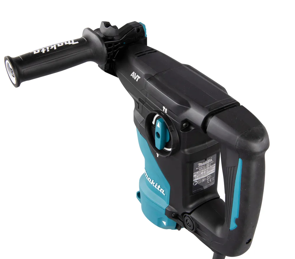 Pildil on Makita kombivasar HR3012FCJ, millel on ergonoomiline disain ja sinised aktsendid.