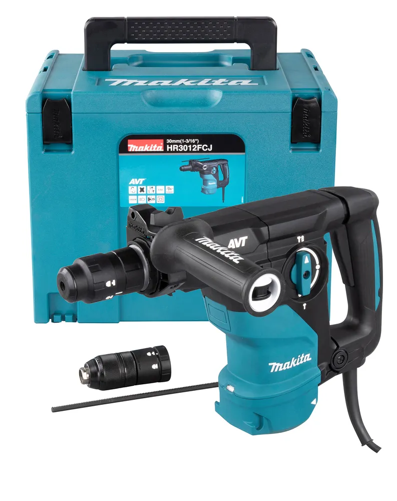 Pildil on näha Makita kombivasar HR3012FCJ koos oma hoiukarbi ja tarvikutega.