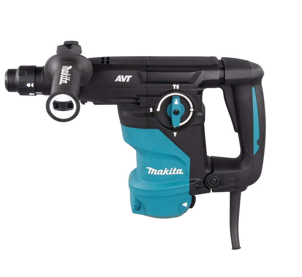Pildil on näha Makita kombivasar HR3012FCJ, millel on must ja türkiissinine korpus ning esiküljel on abikäepide.