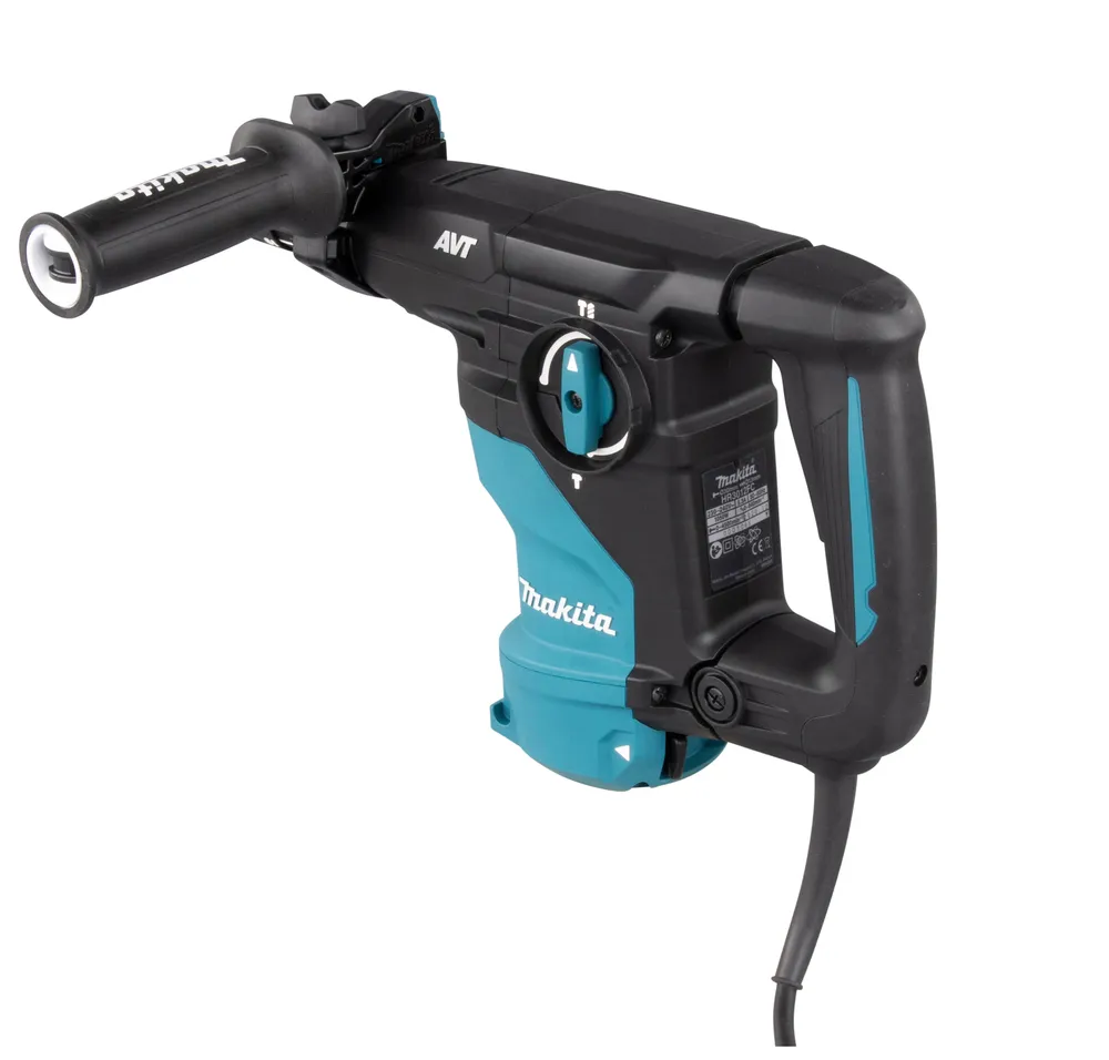 Pildil on kujutatud Makita kombivasar HR3012FCJ, millel on sinised ja mustad detailid, lisakäepide ja toitejuhe.