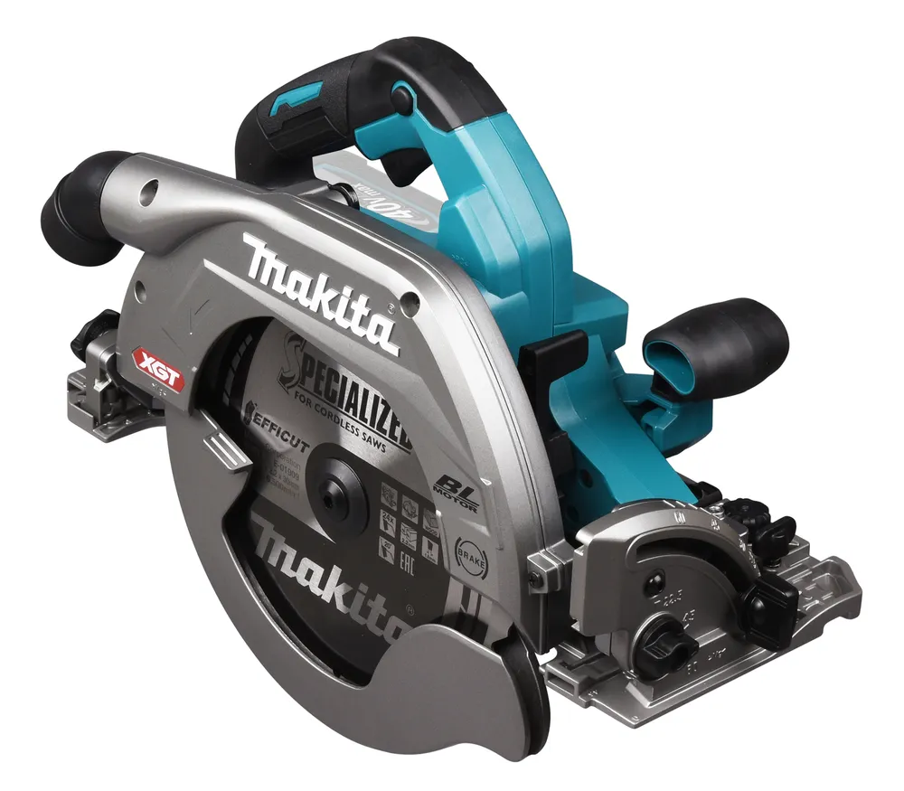 Pildil on Makita akuketassaag HS009GZ, kus on näha saeketta detailid ja seadme disain.