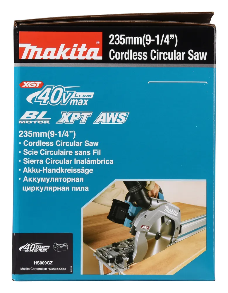 Pildil on Makita akuketassaagi HS009GZ karp, mis näitab seadme omadusi ja funktsioone, mida näed ka pildil, kuna karbil...