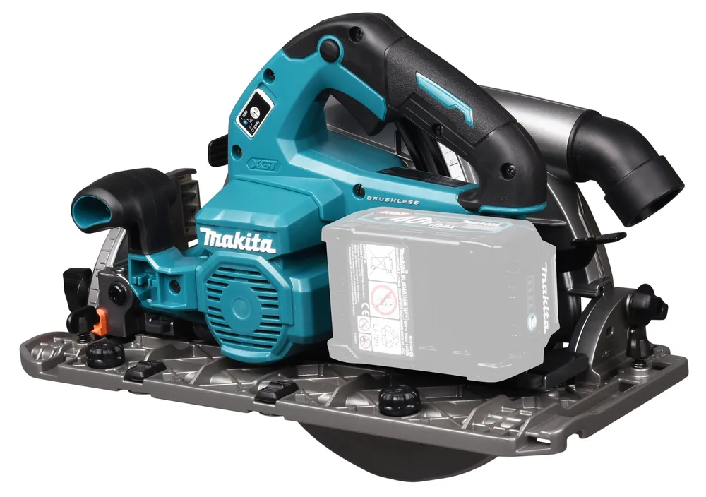 Pildil on Makita akuketassaag HS009GZ, näha on saagi korpust, tera kaitsesüsteemi ja saagi alust, samuti on näha kohta...