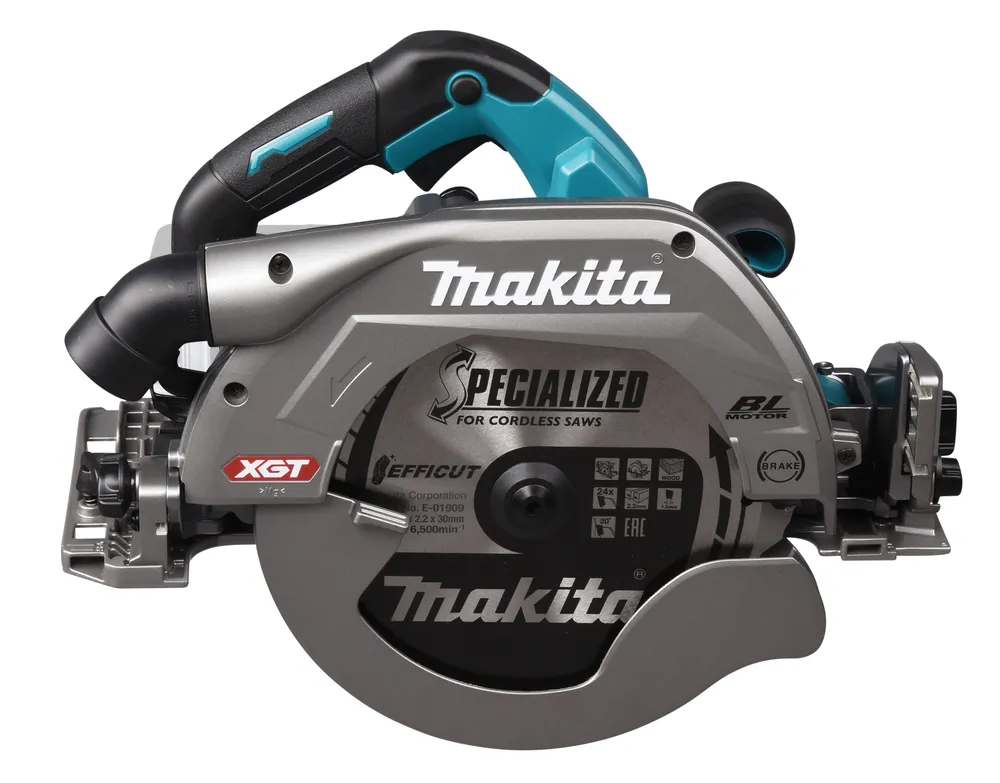 Pildil on Makita akuketassaag HS009GZ, näha on saagi korpust, tera ja käepidet.